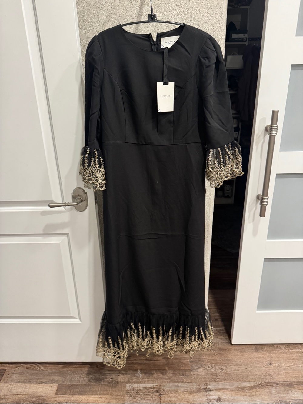 TUCKERNUCK/ Pomander Place, Black Midi Dress with Gold Lace Trim, size M